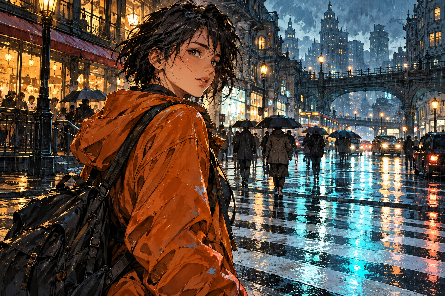 Personagem original em anime numa cidade chuvosa
