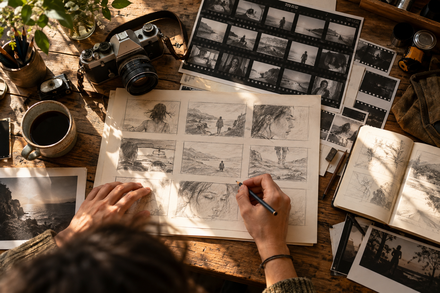 Mesa de criação com storyboard desenhado