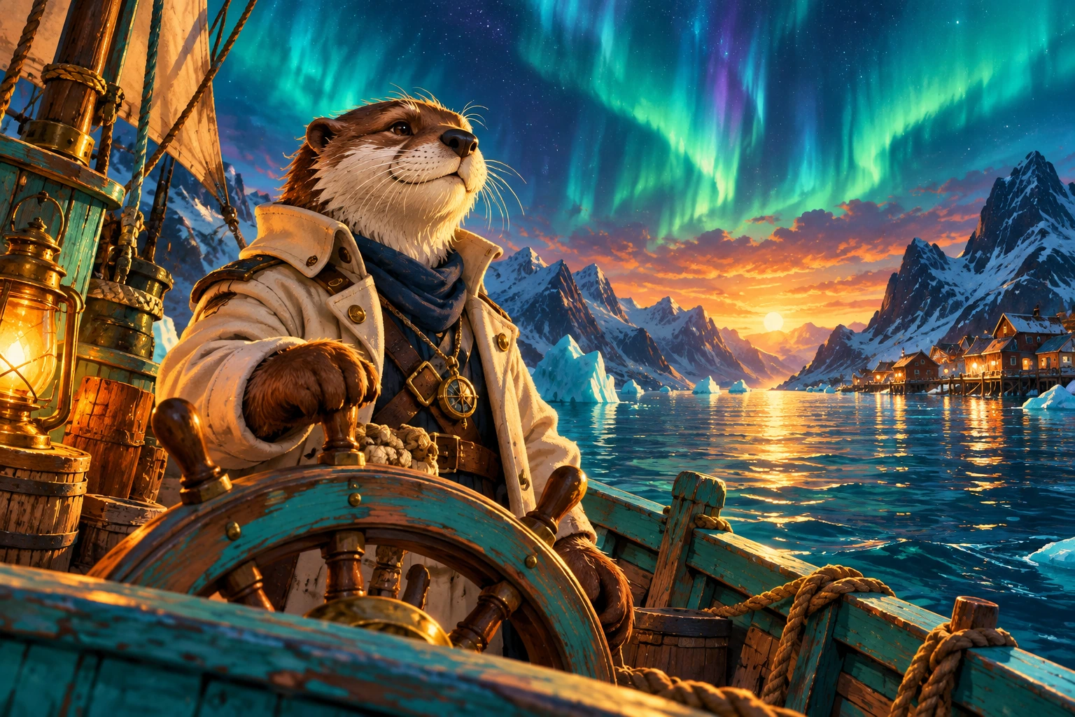Capitão lontra em uma aventura ilustrada sob a aurora